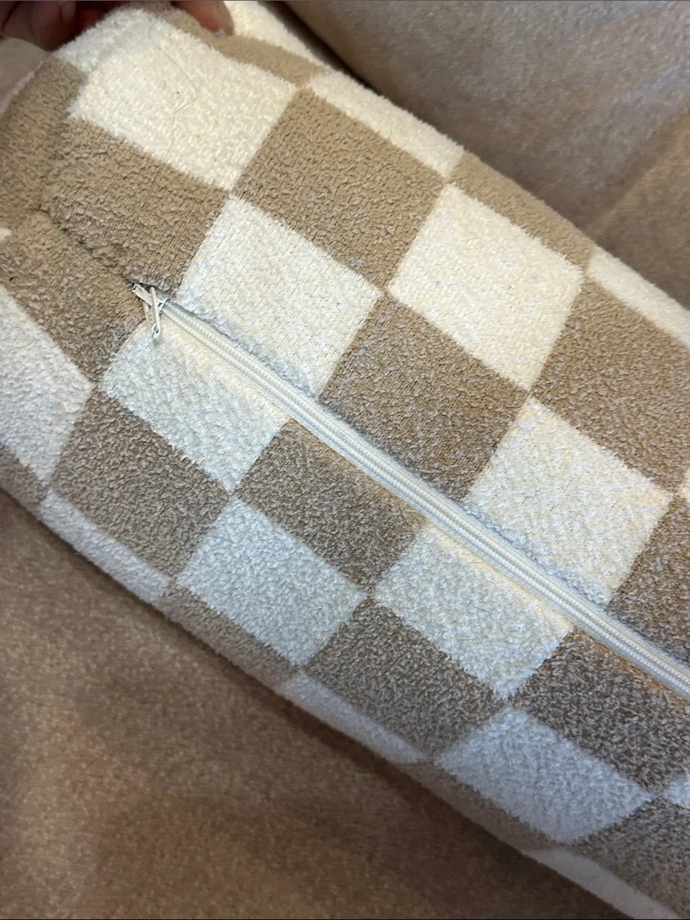 Nicole Miller Cream and Tan Checkerboard Bolster Pillow